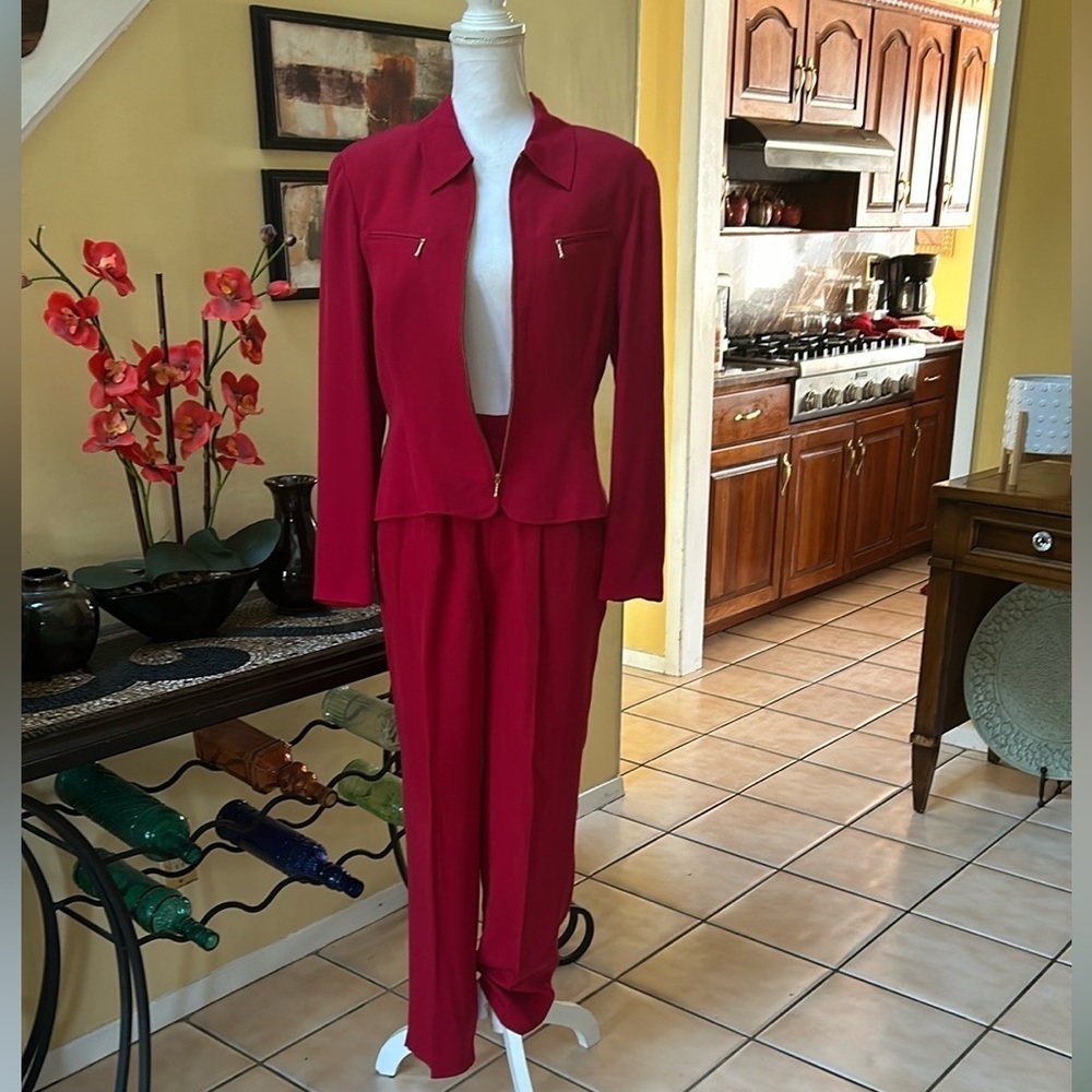 Vtg Y2K Allison Taylor NWOT Holiday 100% Silk Red Pant Suit Set Size Medium - Picture 3 of 16